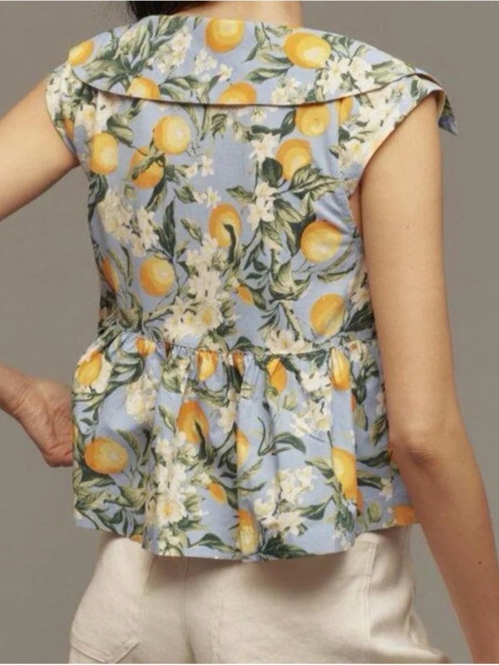 Anthropologie Sky-Blue Lemon & Floral Tie-Waist Blouse - Picture 4 of 8